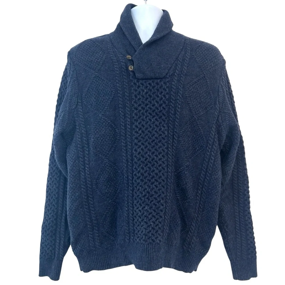Nordstrom Lambswool Wool Fisherman Sweater Men L Blue Knit Shawl Collar